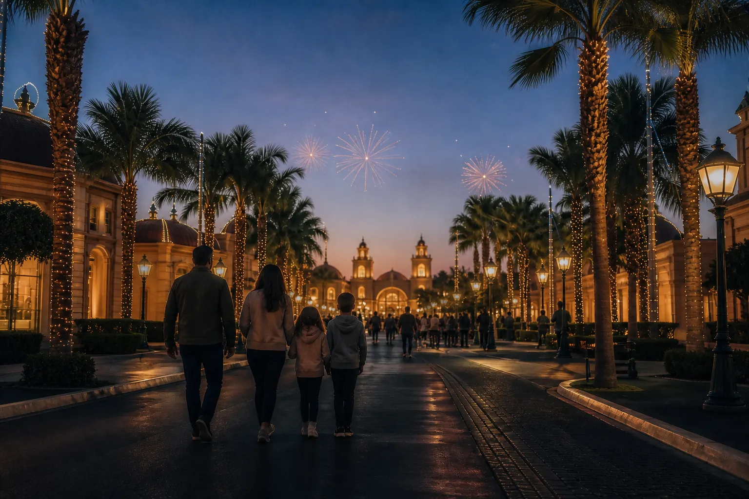 Familia camina por una zona de entretenimiento en Anaheim bajo luces y fuegos artificiales.