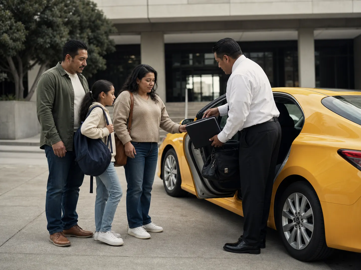 Familia recibe ayuda del conductor frente a un edificio cívico.