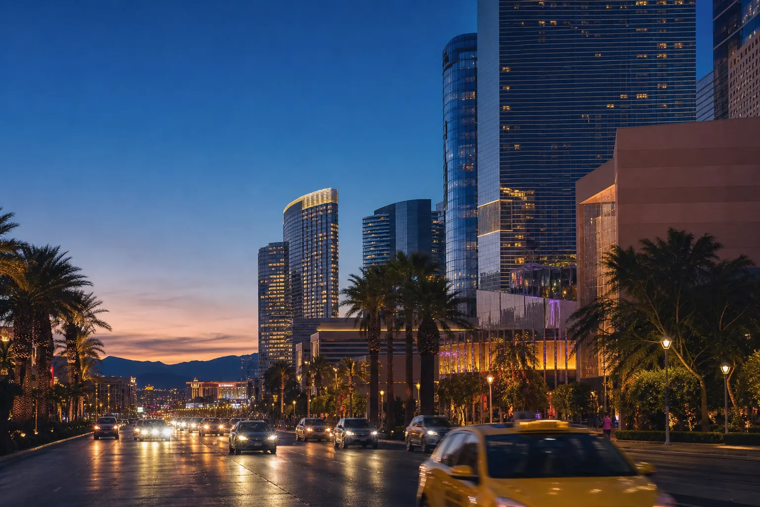 Las Vegas Boulevard con palmeras, torres y luces durante la hora azul.