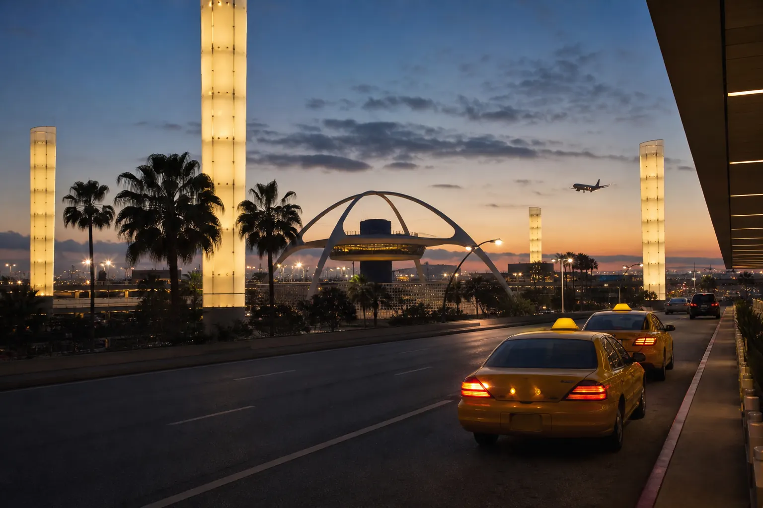 Edificio temático y torres de luz de LAX al atardecer.