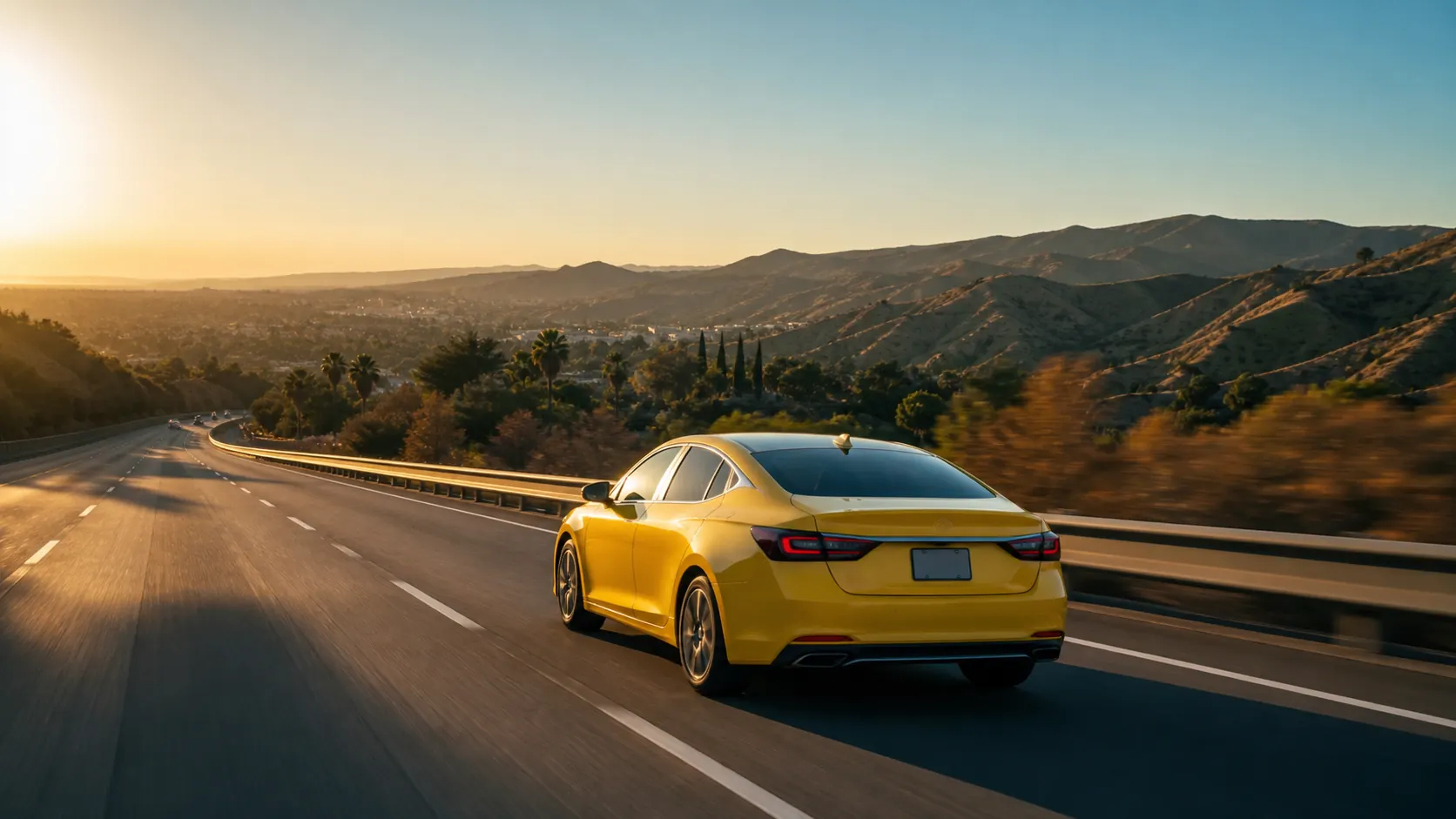 Sedán amarillo recorre una carretera de California al atardecer.