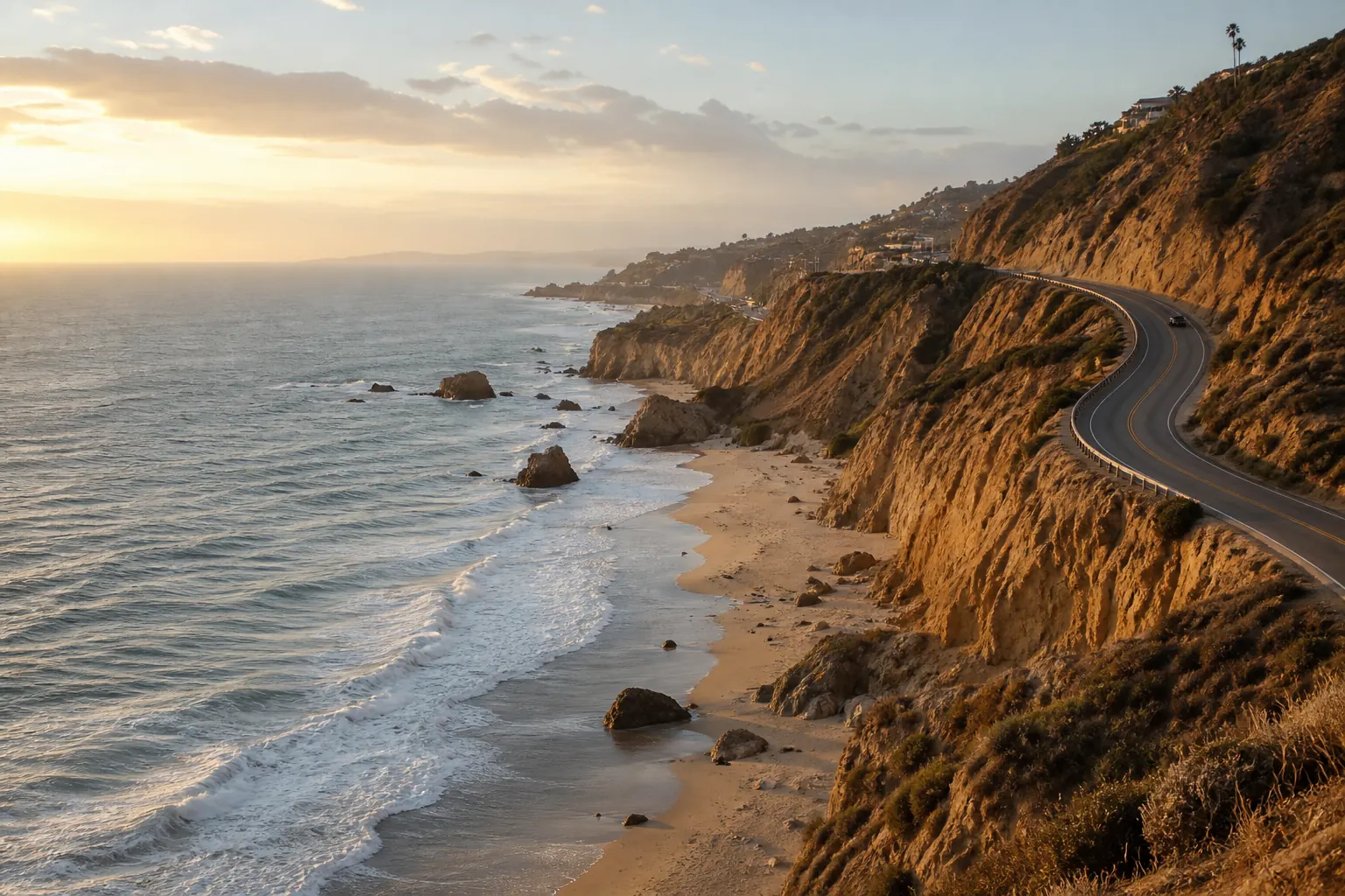 Costa de Malibu con acantilados, playa y carretera frente al océano.