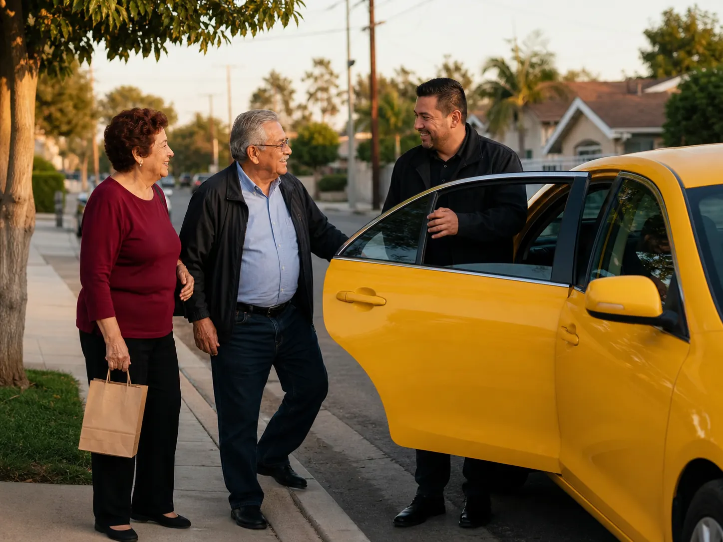 Conductor recibe a una pareja mayor junto a un taxi amarillo.